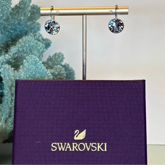 Authentic Swarovski MINI Bella Blue Crystal Bezel Rhodium Lever Back Earrings - Picture 7 of 16